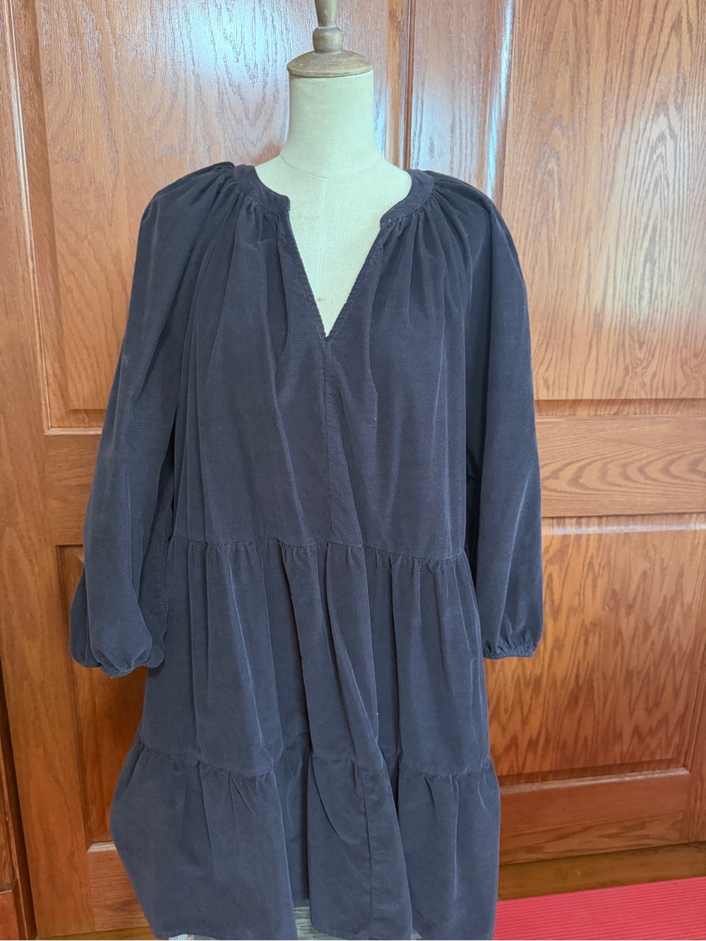 Brown Corduroy Ruffled Tiered V-Neck Dress